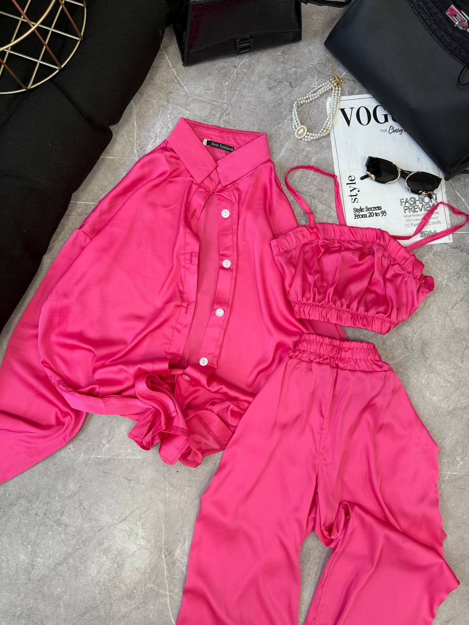 Trajes de seda conjunto camisa + top + pantalones