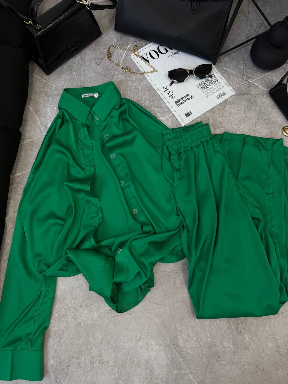 Trajes de seda conjunto camisa + top + pantalones