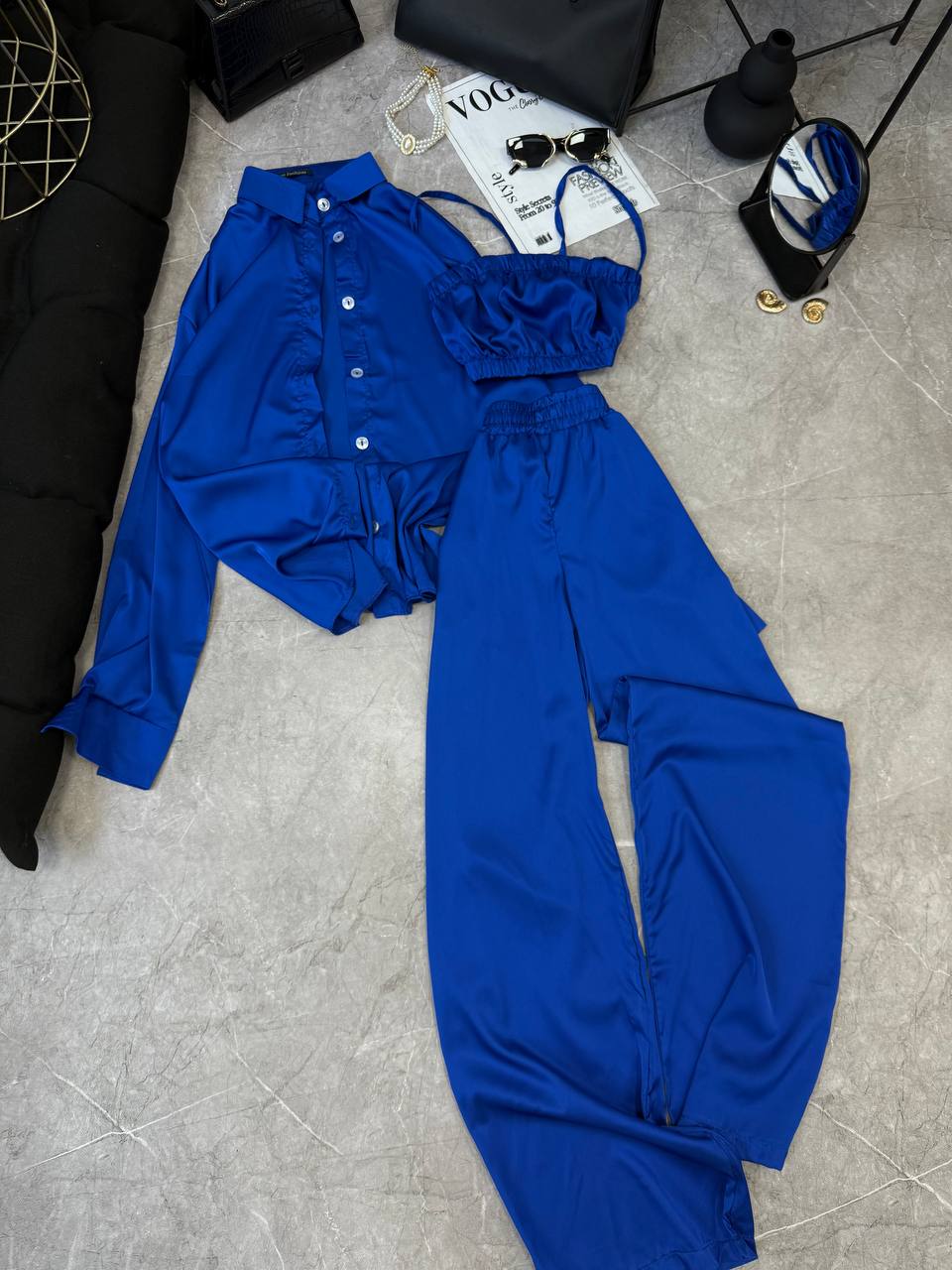 Trajes de seda conjunto camisa + top + pantalones