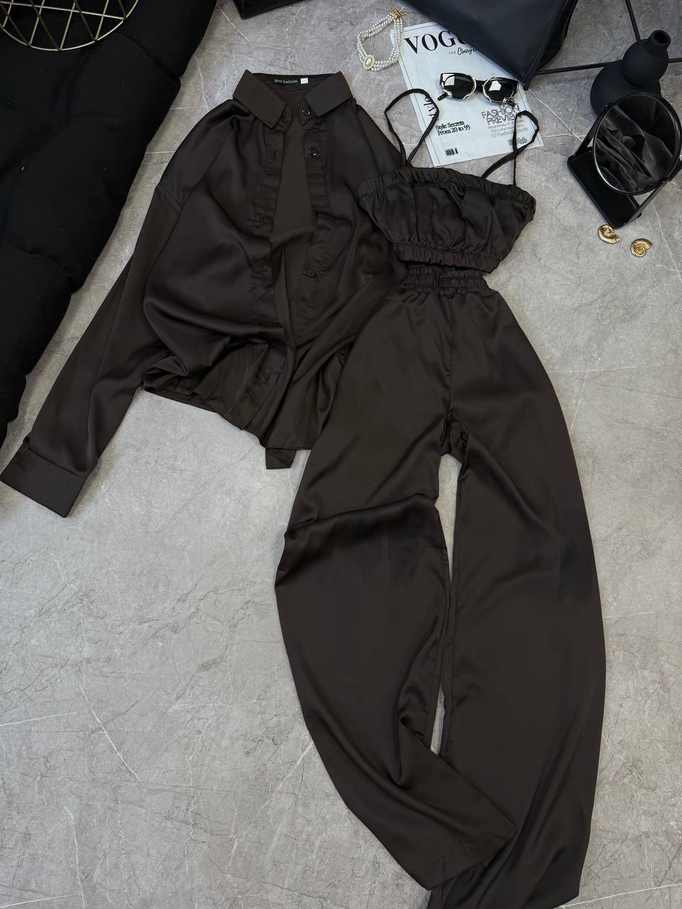 Trajes de seda conjunto camisa + top + pantalones