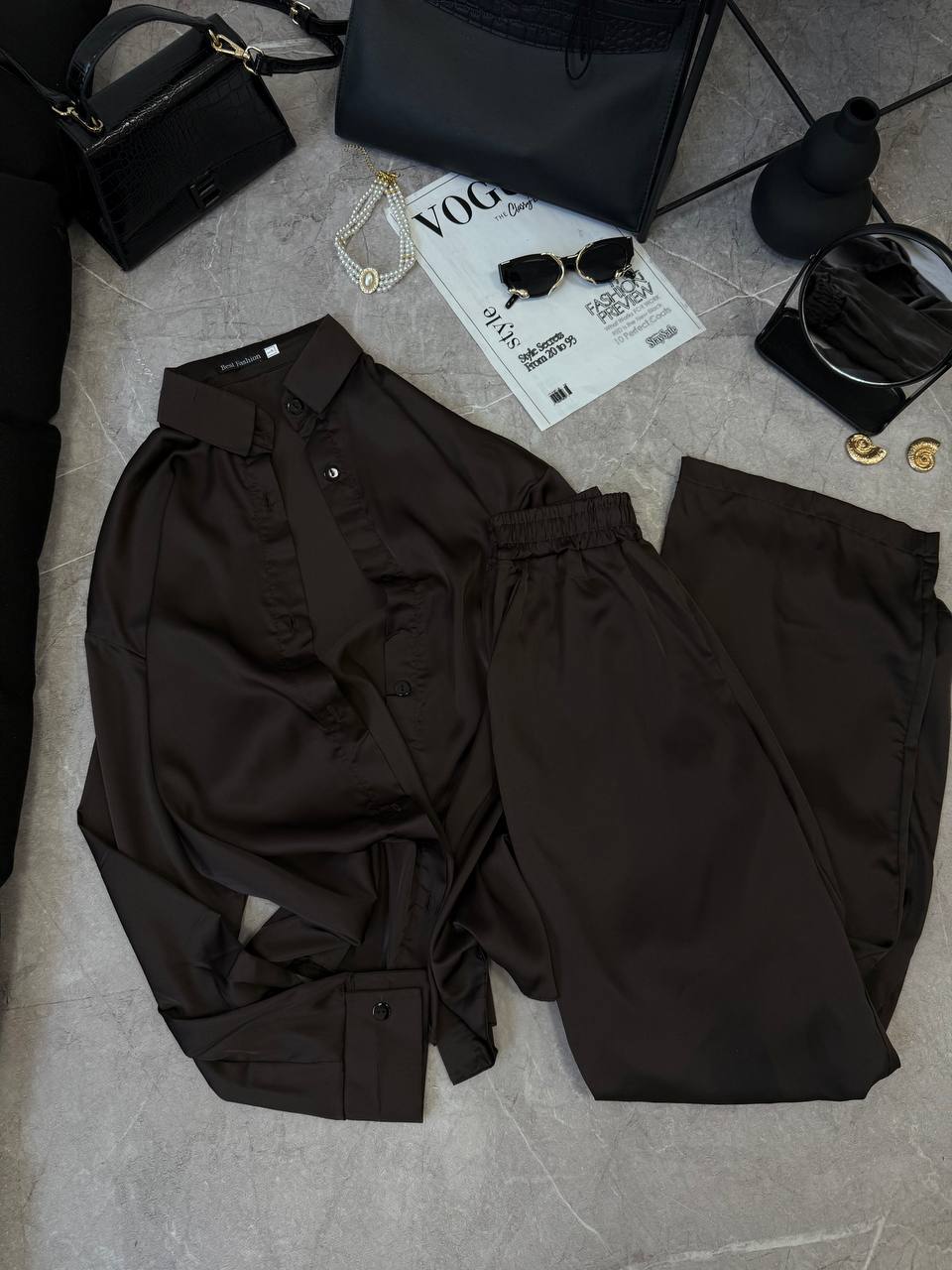 Trajes de seda conjunto camisa + top + pantalones
