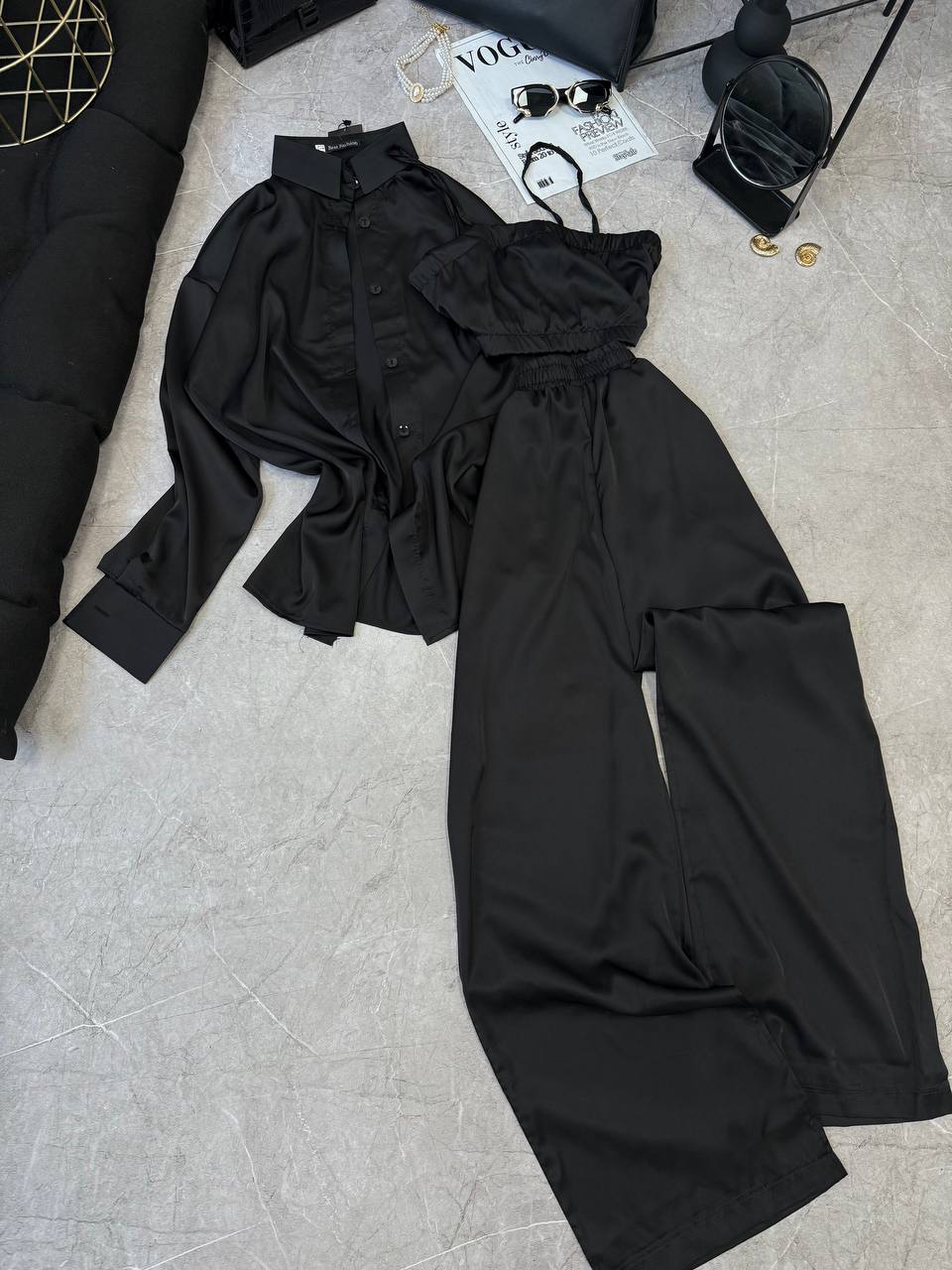Trajes de seda conjunto camisa + top + pantalones