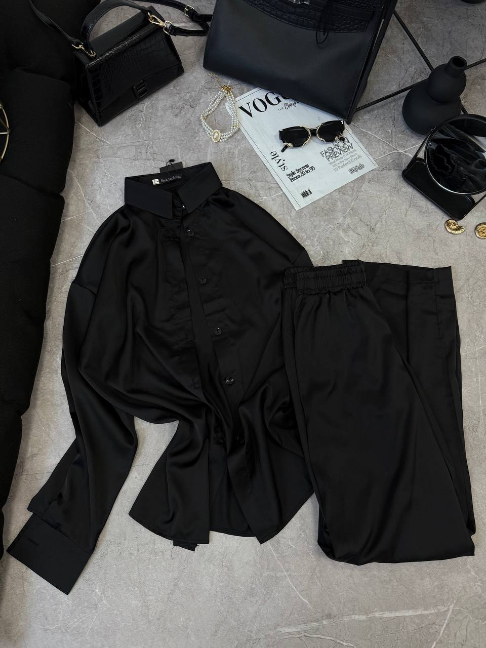 Trajes de seda conjunto camisa + top + pantalones
